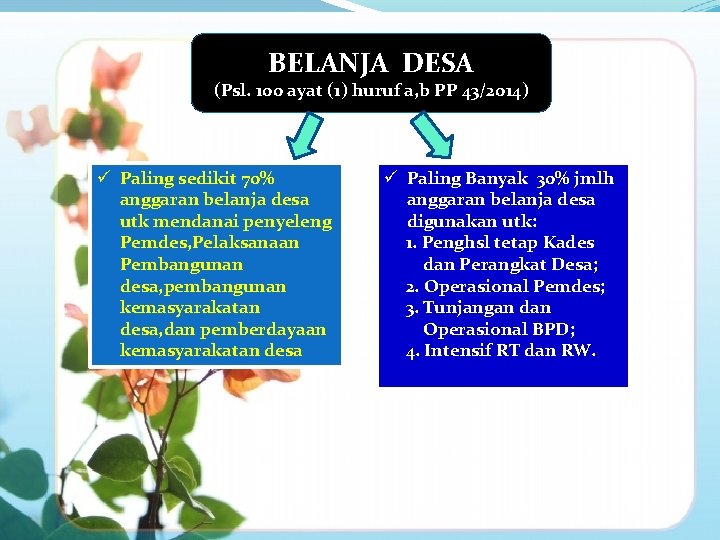 Struktur APBDesa BELANJA DESA (Psl. 100 ayat (1) huruf a, b PP 43/2014) ü