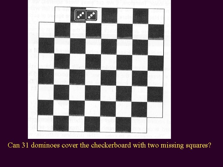 Can 31 dominoes cover the checkerboard with two missing squares? 