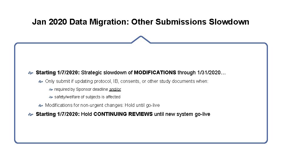 Jan 2020 Data Migration: Other Submissions Slowdown Starting 1/7/2020: Strategic slowdown of MODIFICATIONS through