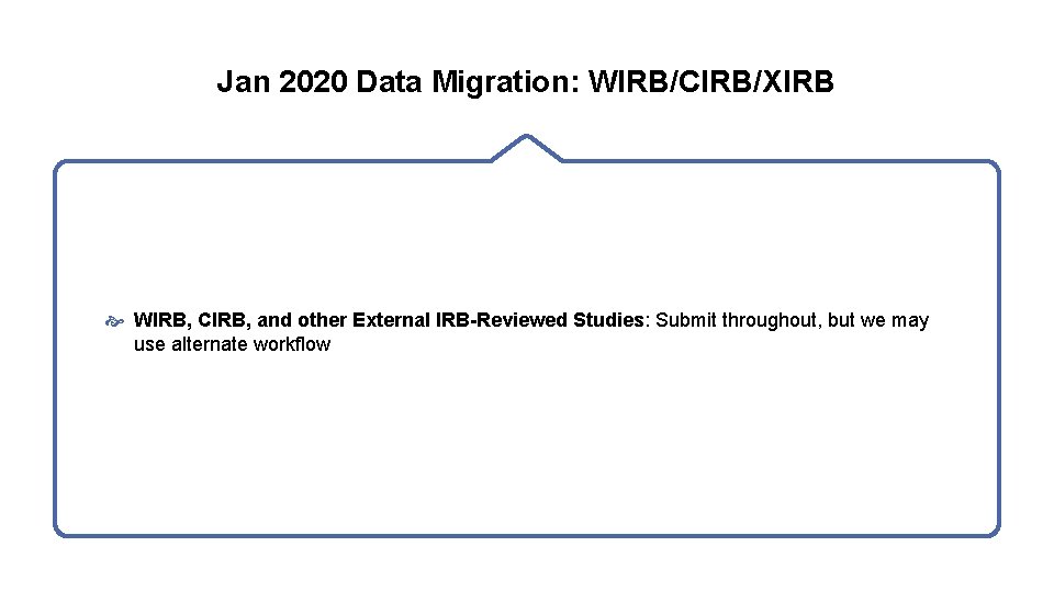 Jan 2020 Data Migration: WIRB/CIRB/XIRB WIRB, CIRB, and other External IRB-Reviewed Studies: Submit throughout,