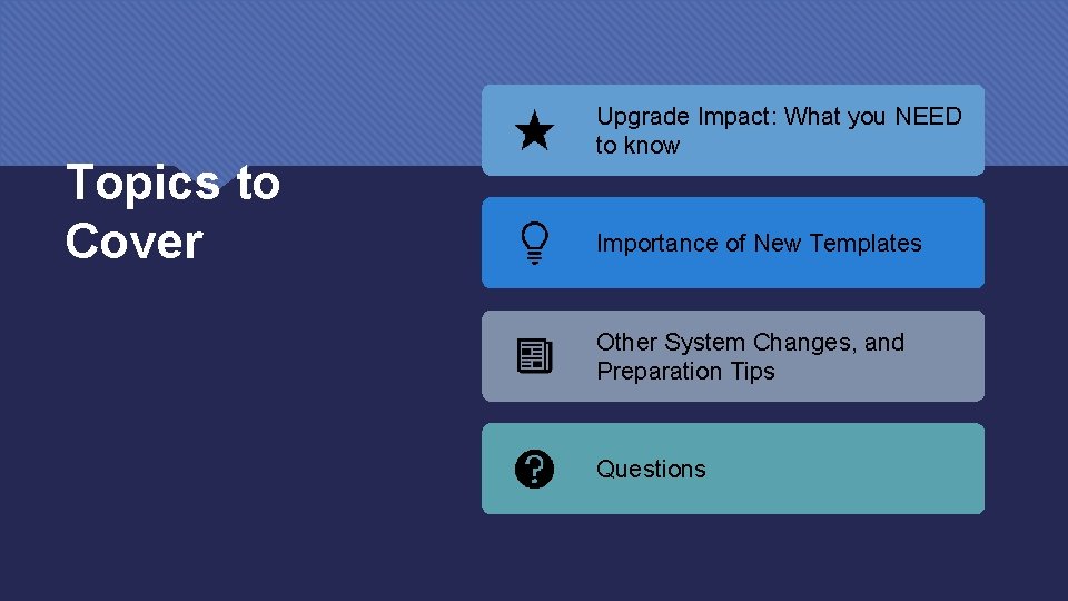 Topics to Cover Upgrade Impact: What you NEED to know Importance of New Templates