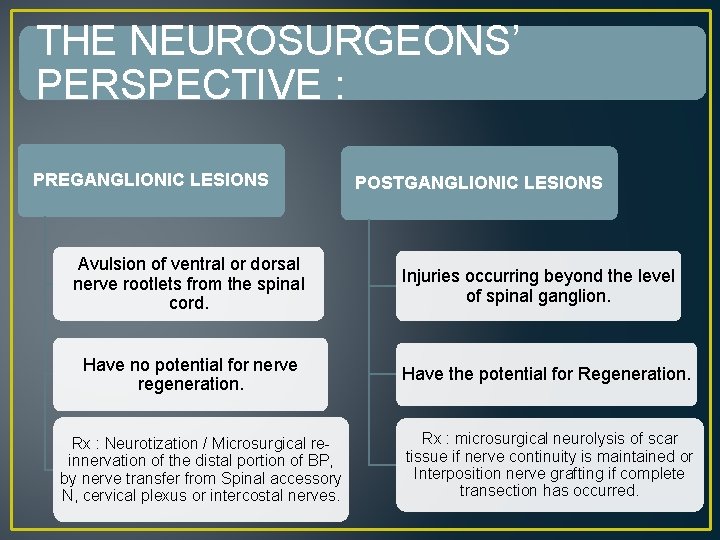 THE NEUROSURGEONS’ PERSPECTIVE : PREGANGLIONIC LESIONS Avulsion of ventral or dorsal nerve rootlets from