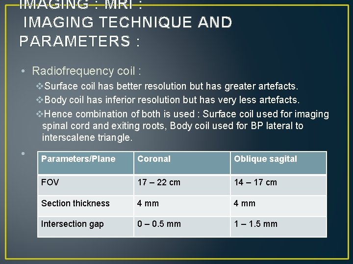 IMAGING : MRI : IMAGING TECHNIQUE AND PARAMETERS : • Radiofrequency coil : v.