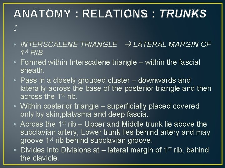 ANATOMY : RELATIONS : TRUNKS : • INTERSCALENE TRIANGLE LATERAL MARGIN OF 1 st