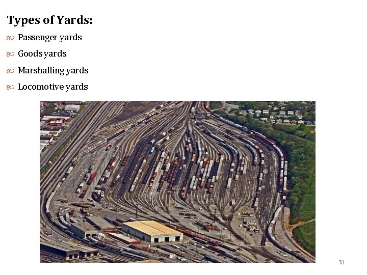 Types of Yards: Passenger yards Goods yards Marshalling yards Locomotive yards 31 