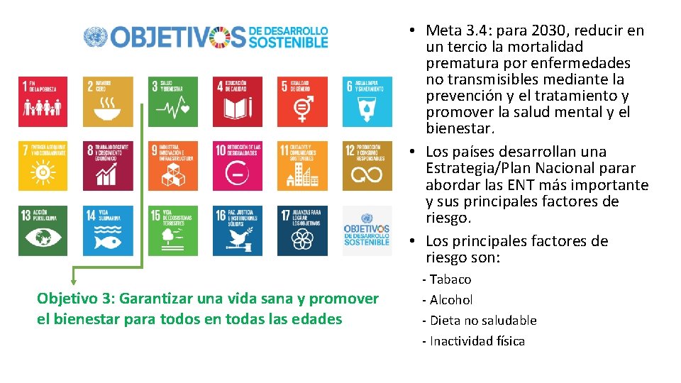  • Meta 3. 4: para 2030, reducir en un tercio la mortalidad prematura