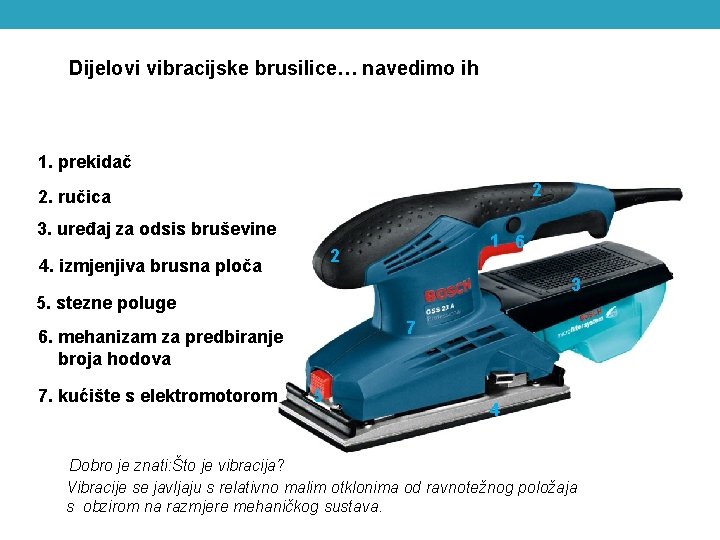 Dijelovi vibracijske brusilice… navedimo ih 1. prekidač 2 2. ručica 3. uređaj za odsis