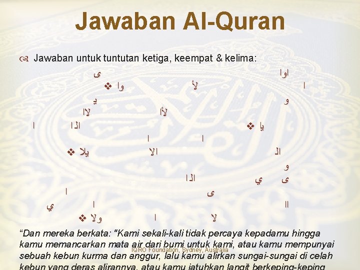 Jawaban Al-Quran Jawaban untuk tuntutan ketiga, keempat & kelima: ﻯ ﺍﻭﺍ ❖ ﻭﺍ ﻷ