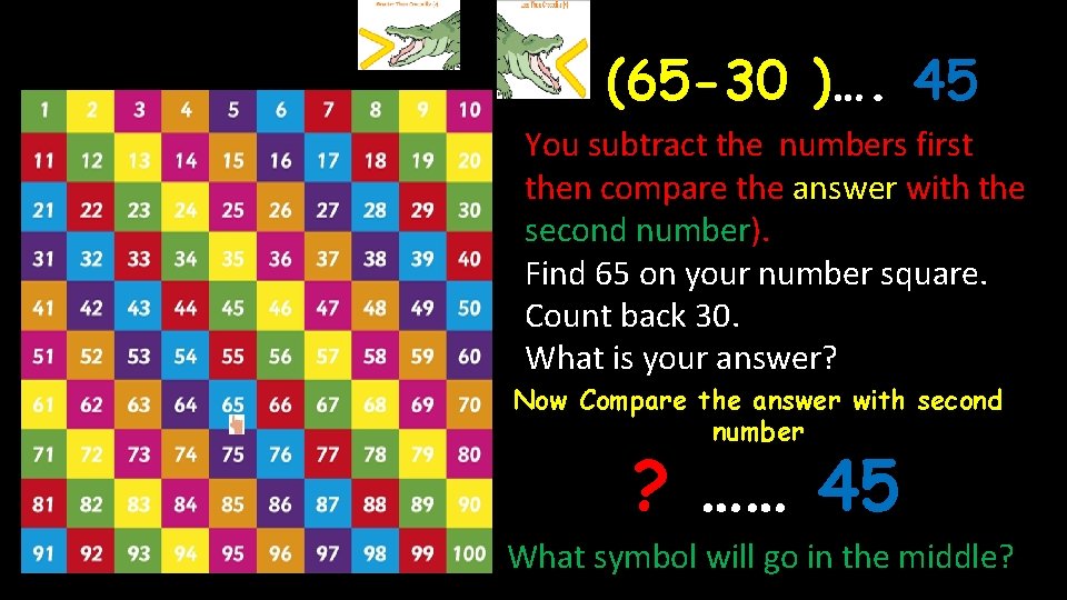 (65 -30 )…. 45 You subtract the numbers first then compare the answer with