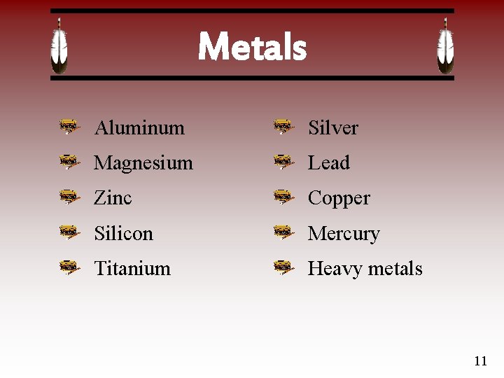 Metals Aluminum Silver Magnesium Lead Zinc Copper Silicon Mercury Titanium Heavy metals 11 