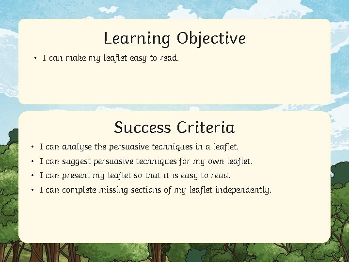 Learning Objective • I can make my leaflet easy to read. Success Criteria •