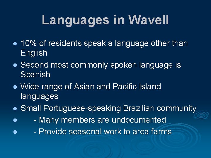 Languages in Wavell ● 10% of residents speak a language other than English ●