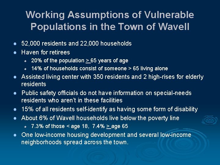 Working Assumptions of Vulnerable Populations in the Town of Wavell ● 52, 000 residents