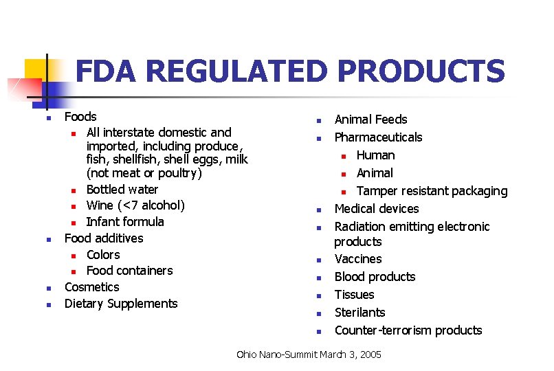 REGULATORY CONSIDERATIONS FOR NANOTECHNOLOGY IN PUBLIC HEALTH FOOD