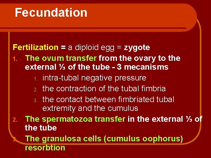 Fecundation Fertilization = a diploid egg = zygote 1. The ovum transfer from the