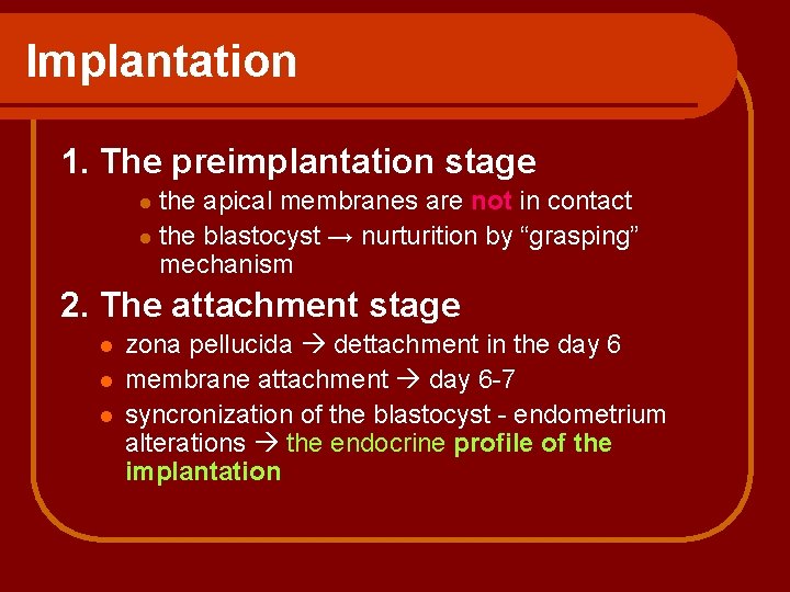 Implantation 1. The preimplantation stage the apical membranes are not in contact l the