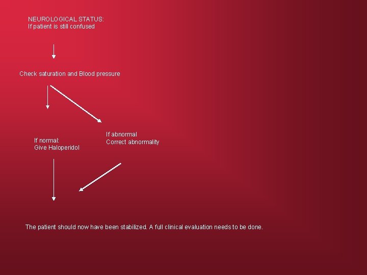 NEUROLOGICAL STATUS: If patient is still confused Check saturation and Blood pressure If normal: