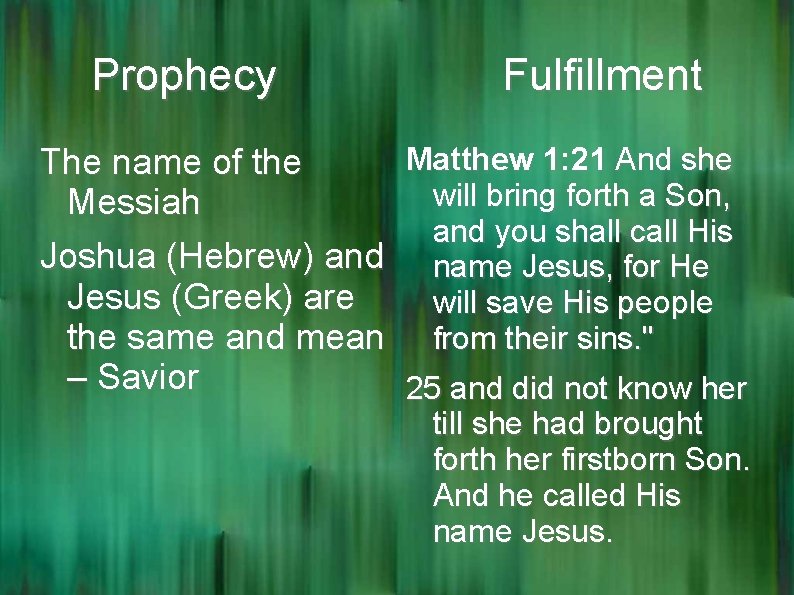 Prophecy Fulfillment Matthew 1: 21 And she The name of the will bring forth
