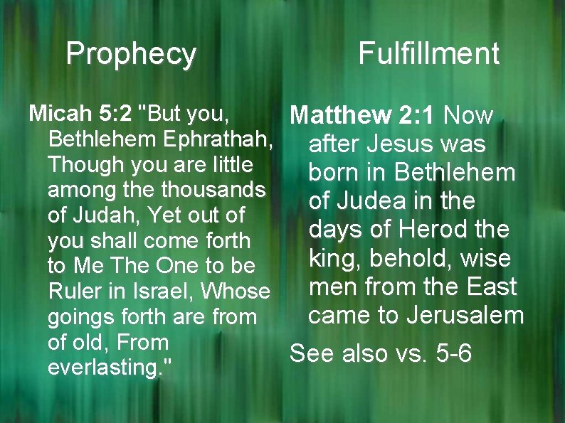 Prophecy Fulfillment Micah 5: 2 "But you, Matthew 2: 1 Now Bethlehem Ephrathah, after