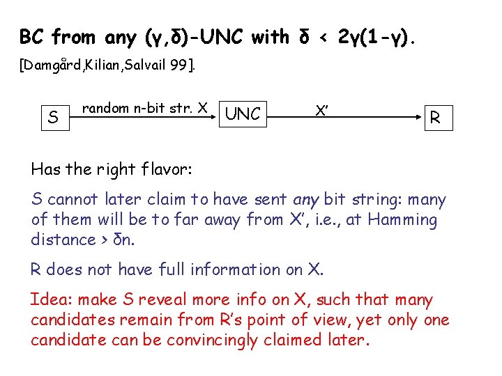 BC from any (γ, δ)-UNC with δ < 2γ(1 -γ). [Damgård, Kilian, Salvail 99].