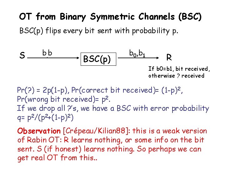 OT from Binary Symmetric Channels (BSC) BSC(p) flips every bit sent with probability p.