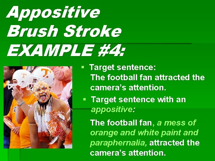 Appositive Brush Stroke EXAMPLE #4: § Target sentence: The football fan attracted the camera’s