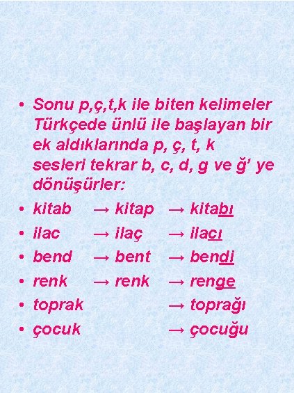  • Sonu p, ç, t, k ile biten kelimeler Türkçede ünlü ile başlayan