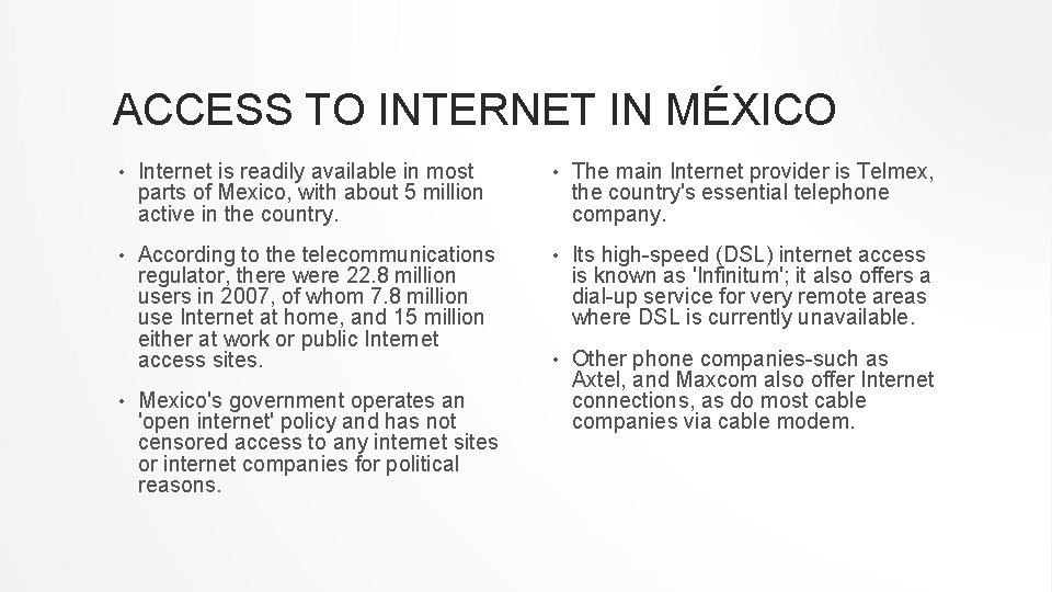 ACCESS TO INTERNET IN MÉXICO • Internet is readily available in most parts of