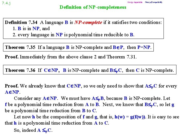 7. 4. j Giorgi Japaridze Theory of Computability Definition of NP-completeness Definition 7. 34