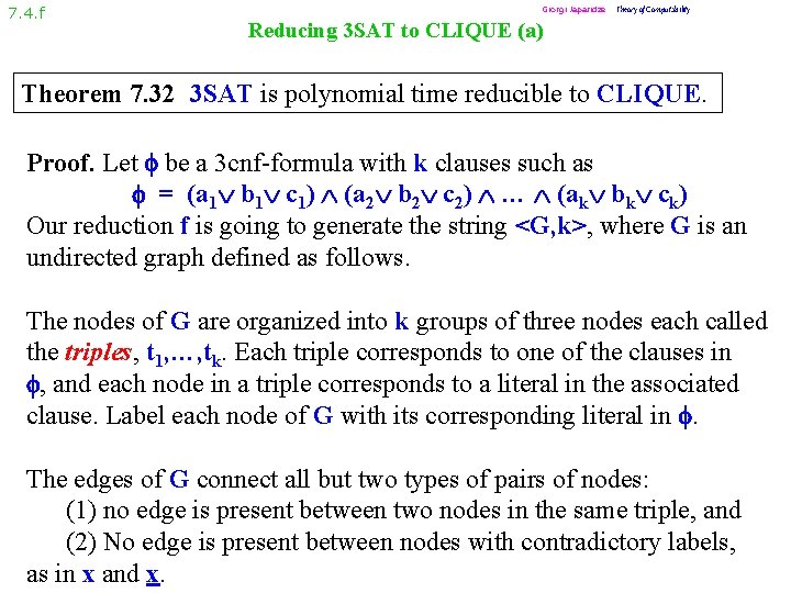 7. 4. f Giorgi Japaridze Theory of Computability Reducing 3 SAT to CLIQUE (a)