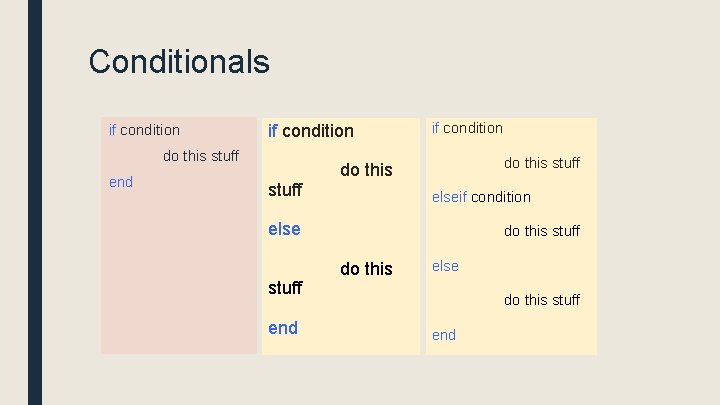 Conditionals if condition do this stuff end stuff if condition do this stuff do