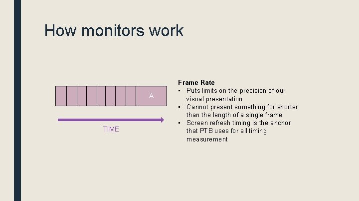 How monitors work A A A A A TIME Frame Rate • Puts limits