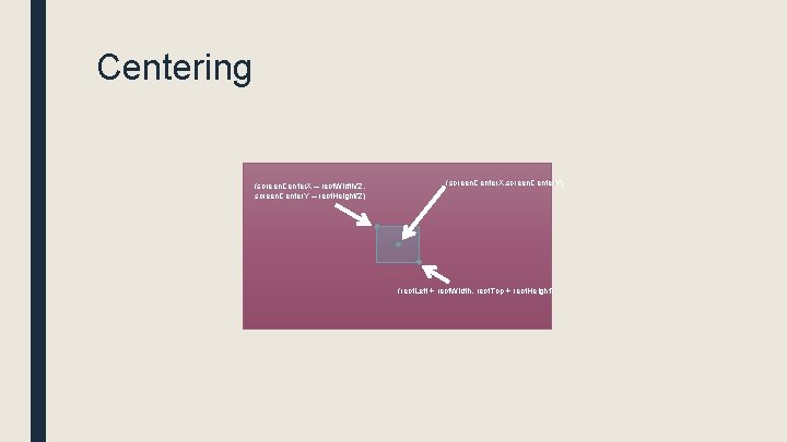 Centering (screen. Center. X – rect. Width/2, screen. Center. Y – rect. Height/2) (screen.