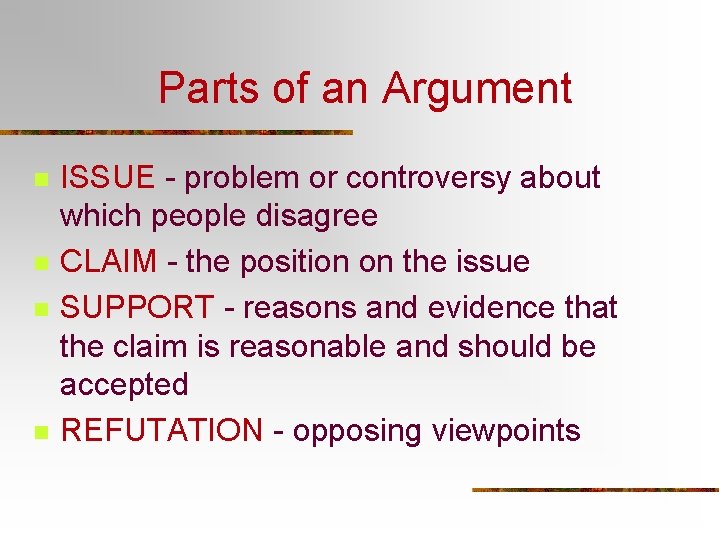 Parts of an Argument n n ISSUE - problem or controversy about which people