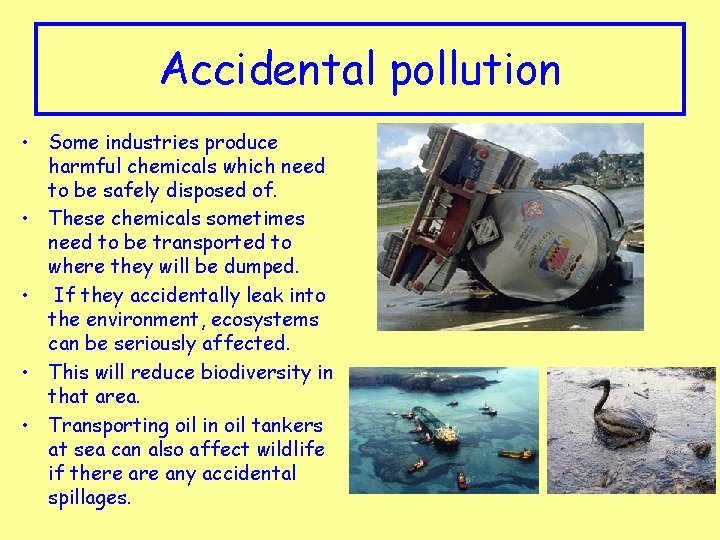 Accidental pollution • Some industries produce harmful chemicals which need to be safely disposed