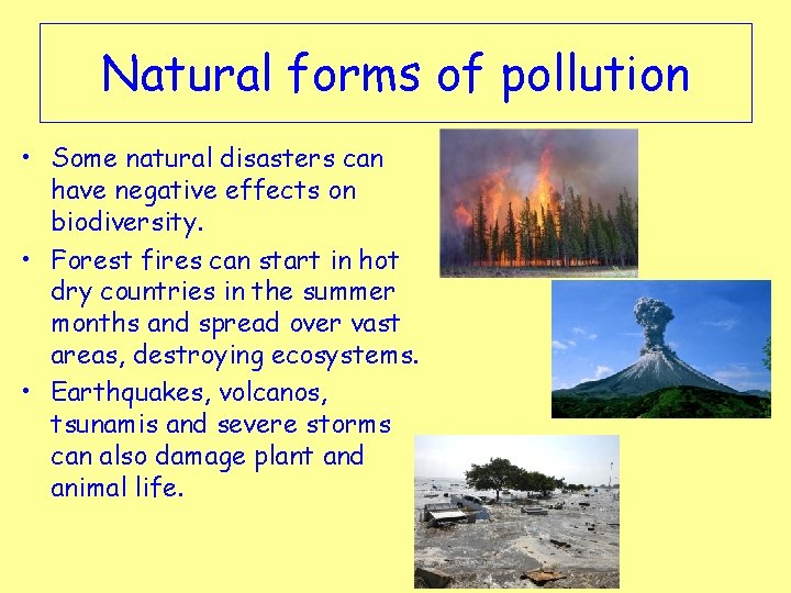 Natural forms of pollution • Some natural disasters can have negative effects on biodiversity.
