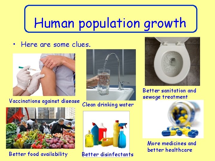 Human population growth • Here are some clues. Vaccinations against disease Better food availability