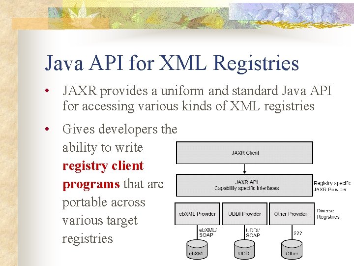 Java API for XML Registries • JAXR provides a uniform and standard Java API