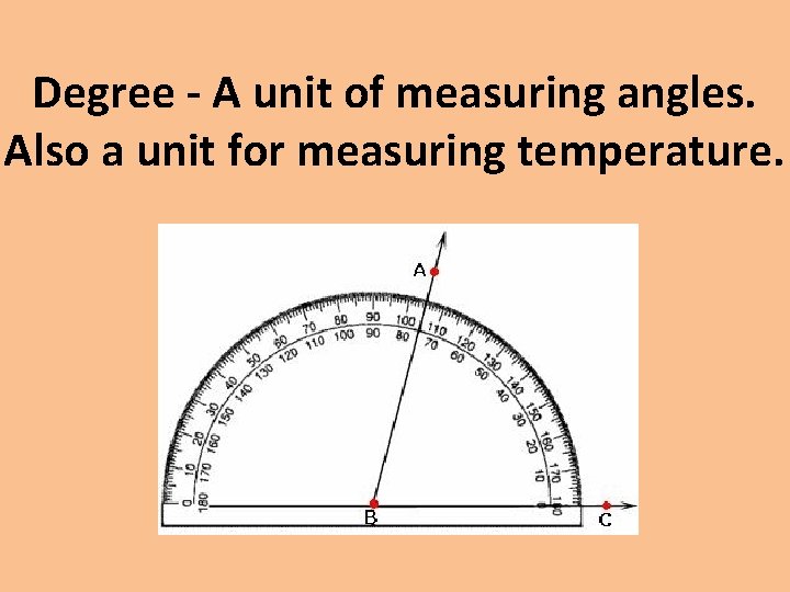 Degree - A unit of measuring angles. Also a unit for measuring temperature. 
