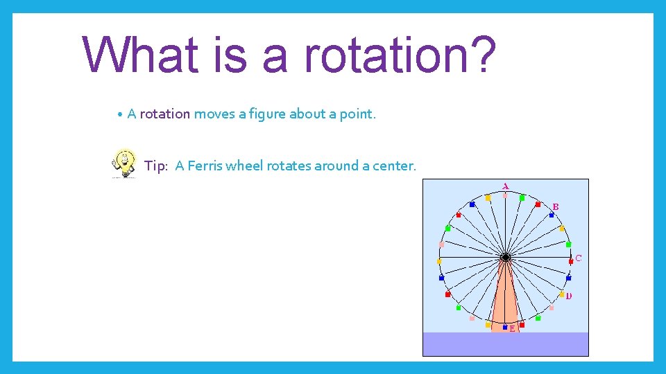What is a rotation? • A rotation moves a figure about a point. Tip: