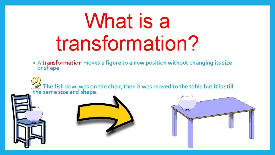 What is a transformation? • A transformation moves a figure to a new position
