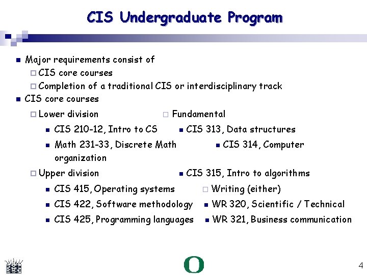 CIS Undergraduate Program Major requirements consist of CIS core courses Completion of a traditional