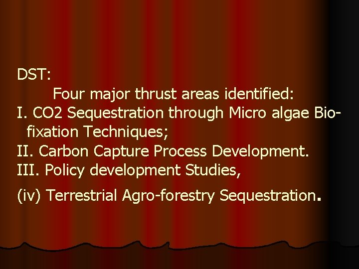 DST: Four major thrust areas identified: I. CO 2 Sequestration through Micro algae Biofixation
