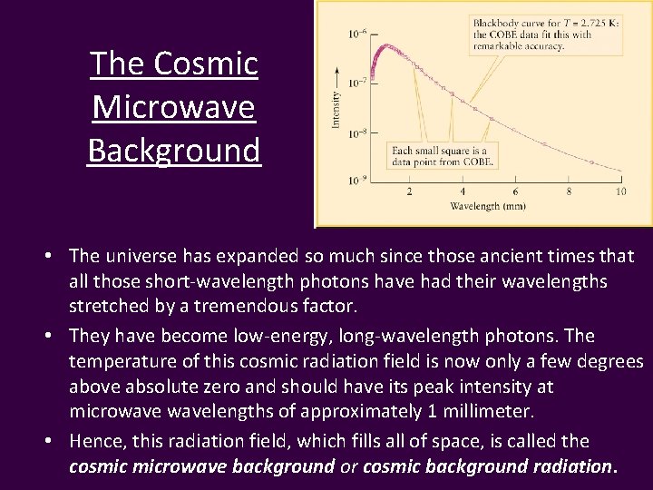 The Cosmic Microwave Background • The universe has expanded so much since those ancient