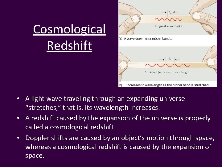 Cosmological Redshift • A light wave traveling through an expanding universe “stretches, ” that