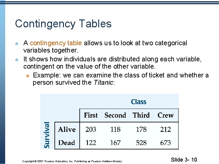 Contingency Tables A contingency table allows us to look at two categorical variables together.