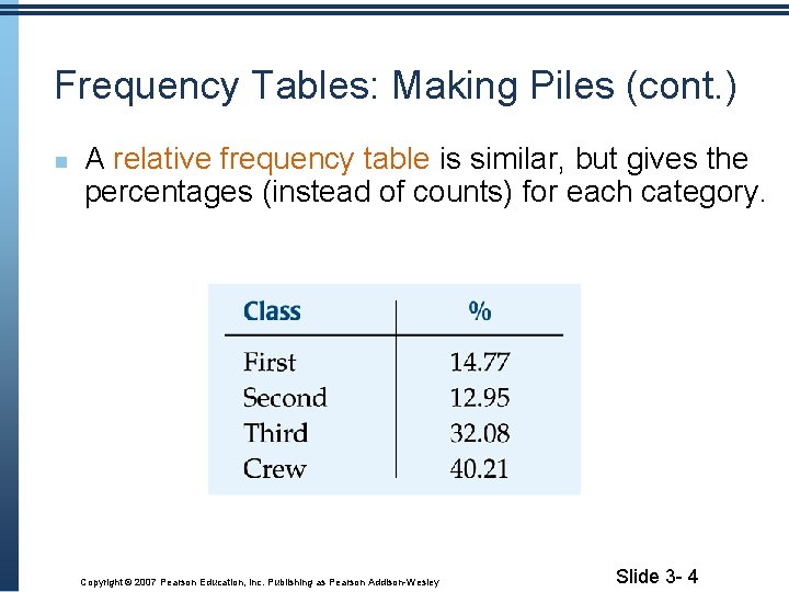 Frequency Tables: Making Piles (cont. ) A relative frequency table is similar, but gives