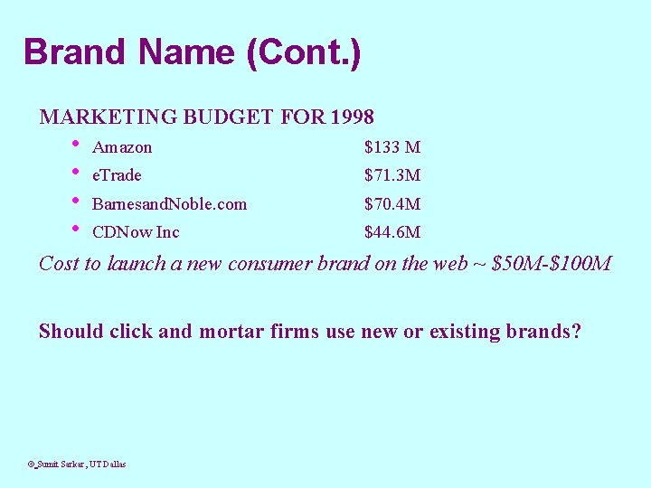 Brand Name (Cont. ) MARKETING BUDGET FOR 1998 • • Amazon $133 M e.