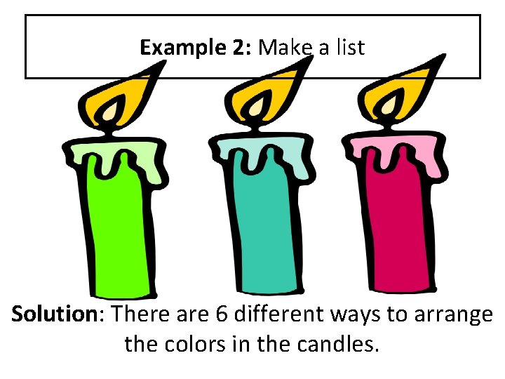 Example 2: Make a list Solution: There are 6 different ways to arrange the Example 2: Make a list Solution: There are 6 different ways to arrange the