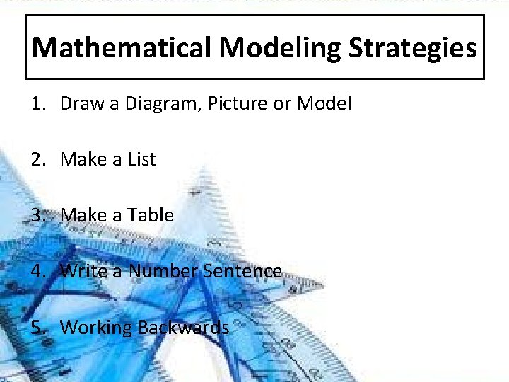 Mathematical Modeling Strategies 1. Draw a Diagram, Picture or Model 2. Make a List Mathematical Modeling Strategies 1. Draw a Diagram, Picture or Model 2. Make a List